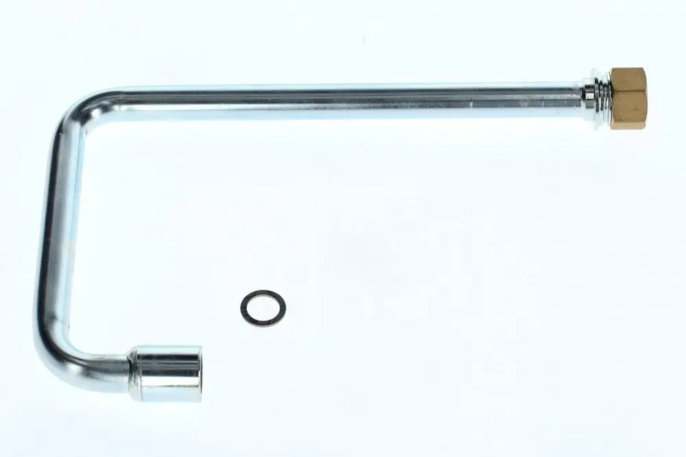 Vorlaufrohr aus Metall mit einer gebogenen Form und auf der einen Seite einem Anschlussstück. Das Produkt stammt von der Marke Bosch. Ein O-Ring ist ebenfalls abgebildet.